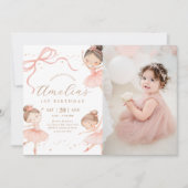 ピンクの女の子バレリーナ1歳の誕生日パーティーの写真 招待状 (正面)