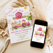 ピンクの女の子ファーム動物2nd誕生日パーティー 招待状