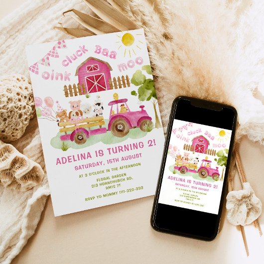ピンクの女の子ファーム動物2nd誕生日パーティー 招待状