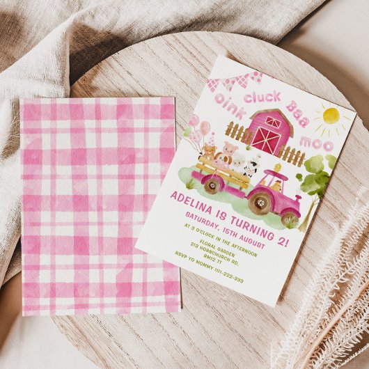 ピンクの女の子ファーム動物2nd誕生日パーティー 招待状