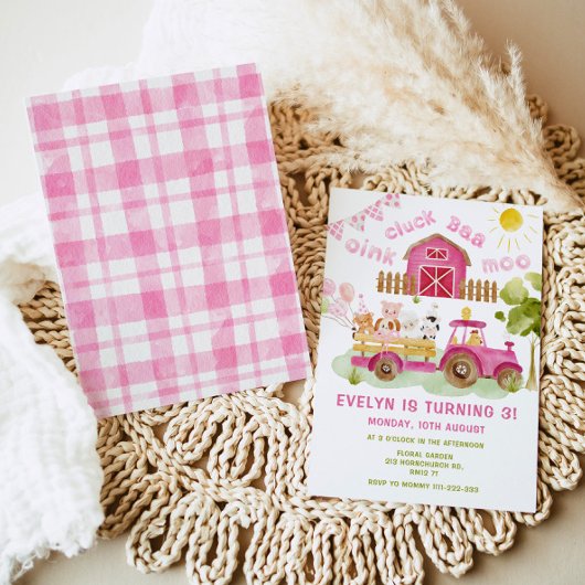 ピンクの女の子ファーム動物3rd誕生日パーティー 招待状