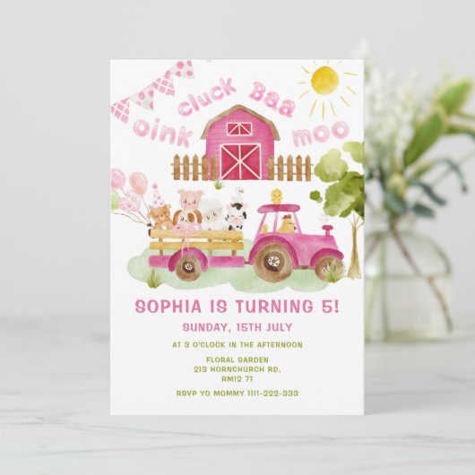 ピンクの女の子ファーム動物5th誕生日パーティー 招待状 (スタンド正面)