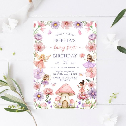 ピンクの女の子フラワーフェアリー1歳の誕生日 招待状