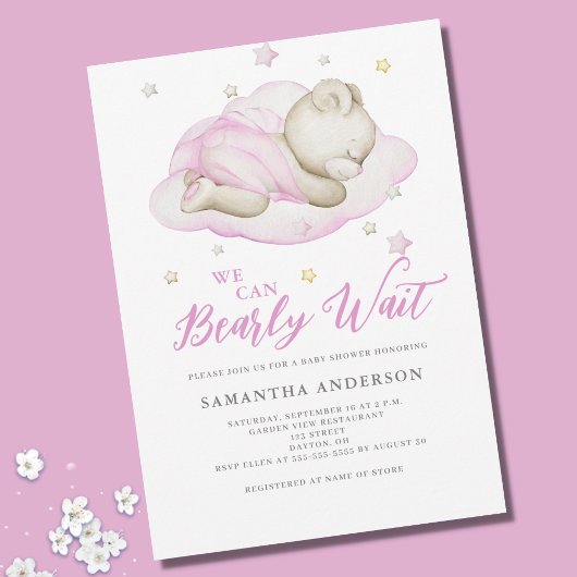 ピンクの女の子ベビーシャワーおめでとうWe Can Bearly Wait 招待状