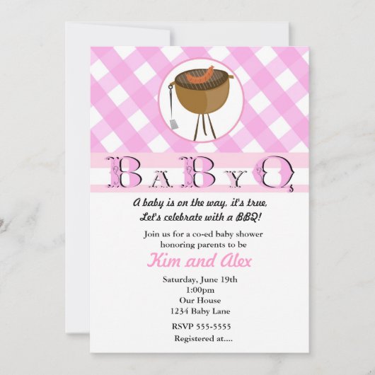 ピンクの女の子ベビーシャワーBBQパーティーの夏の招待状 招待状 (正面)