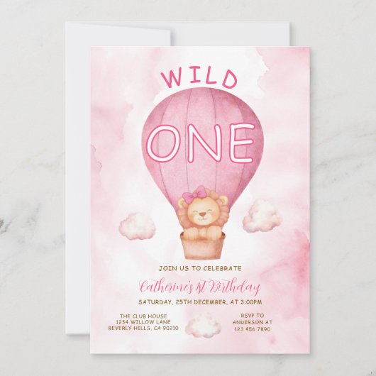 ピンクの女の子ライオンWild Oneホットエアバルーン誕生日 招待状 (正面)