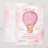 ピンクの女の子ライオンWild Oneホットエアバルーン誕生日 招待状 (正面/裏面)