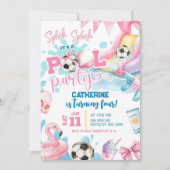  ピンクの女の子リボンサッカープールパーティ誕生日招待状 招待状 (正面)