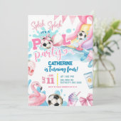  ピンクの女の子リボンサッカープールパーティ誕生日招待状 招待状 (スタンド正面)