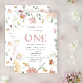 ピンクの女の子ワイルドフラワーが1歳の誕生日を飾る 招待状