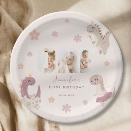 ピンクの女の子恐竜の1歳の誕生日写真 ペーパープレート