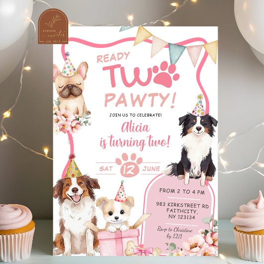 ピンクの女の子犬の2歳の誕生日パーティー 招待状