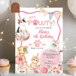 ピンクの女の子猫のパーティー 誕生日おめでとう 何歳でも 招待状