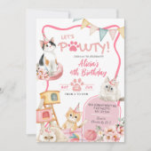 ピンクの女の子猫のパーティー 誕生日おめでとう 何歳でも 招待状 (正面)