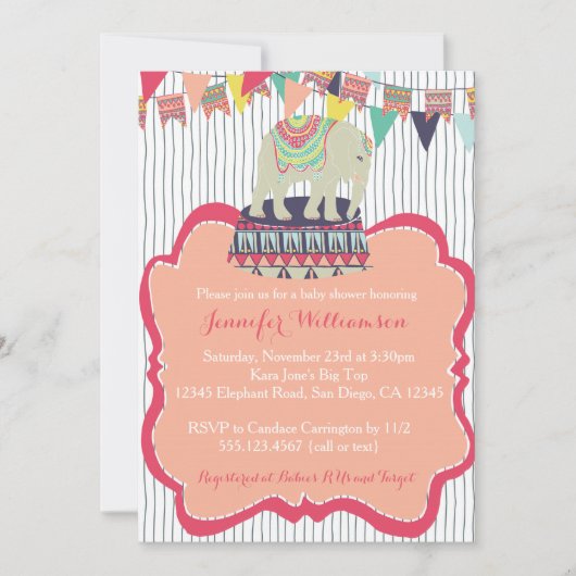 ピンクの女の子象のサーカスのベビーシャワーの招待状 招待状 (正面)