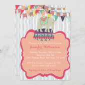 ピンクの女の子象のサーカスのベビーシャワーの招待状 招待状 (正面/裏面)