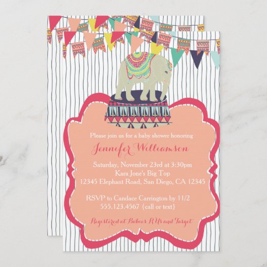ピンクの女の子象のサーカスのベビーシャワーの招待状 招待状 (正面/裏面)