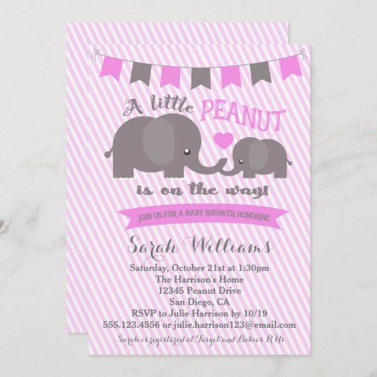 ピンクの女の子象ピーナツベビーシャワーの招待 招待状 (正面/裏面)