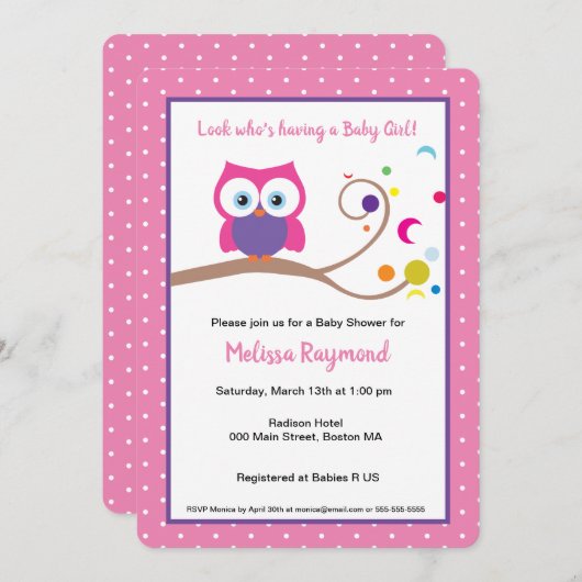ピンクの女の子魅力的フクロウかわいい表情豊かな目 招待状 (正面/裏面)