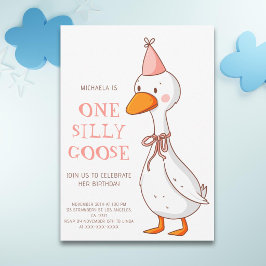 ピンクの女の子1歳のバカガチョウ誕生日 招待状