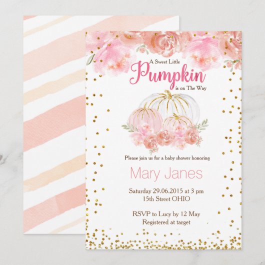 ピンクの女の子 かぼちゃのベイビーシャワー 水彩 招待状 (正面/裏面)