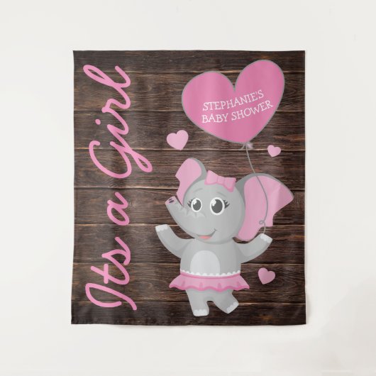 ピンクの女の子 エレファント ベイビー シャワー 背景 タペストリー (正面)