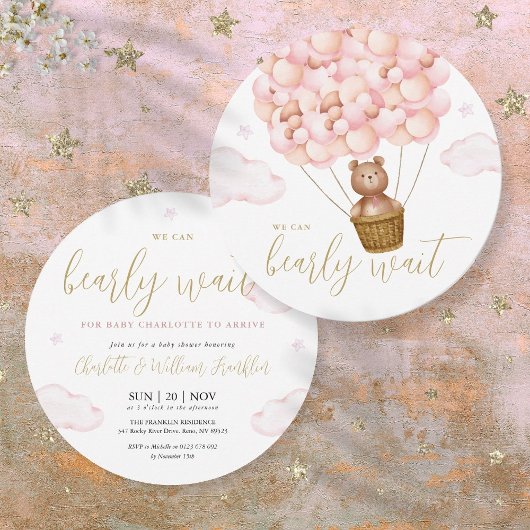ピンクの女の子 Bearly Wait テディベア ベビーシャワー 招待状