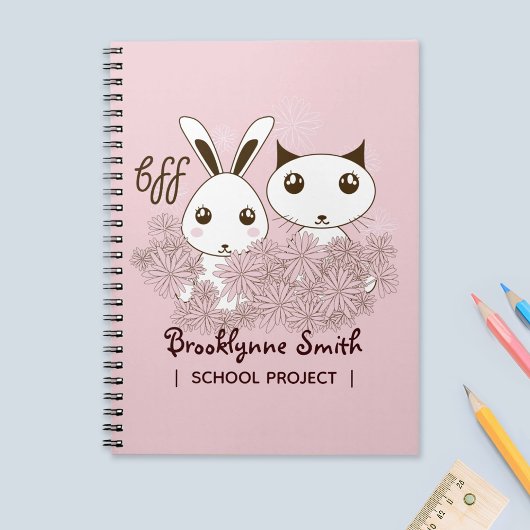 ピンクの女の子 BFF キュートな漫画の子猫とうさぎの子供たち ノートブック