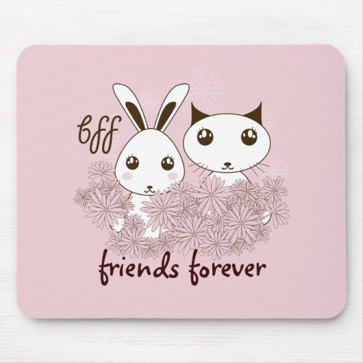 ピンクの女の子BFFかわいい漫画の子猫とバニーの子供 マウスパッド (正面)