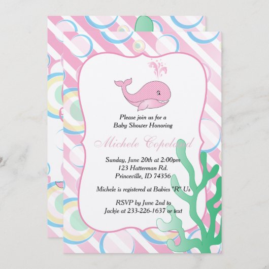 ピンクの女の赤ちゃんのクジラのベビーシャワー 招待状 (正面/裏面)