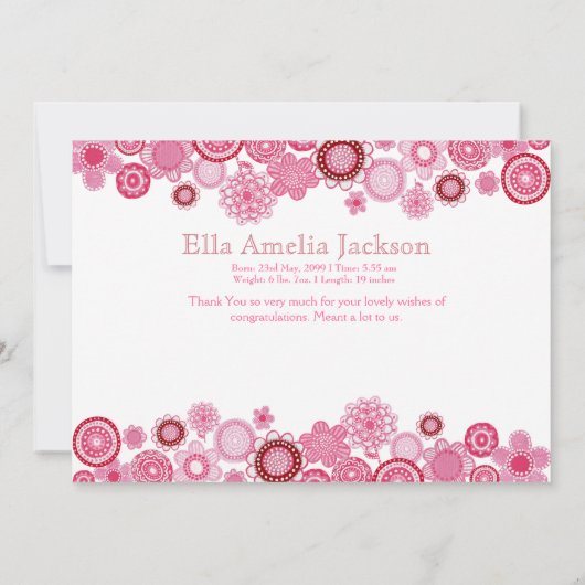 ピンクの女の赤ちゃんの写真のサンキューカードでかわいらしい サンキューカード (裏面)