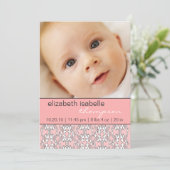 ピンクの女の赤ちゃんの写真の発表のバロック 案内状 (スタンド正面)