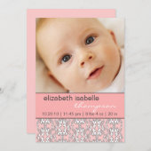 ピンクの女の赤ちゃんの写真の発表のバロック 案内状 (正面/裏面)