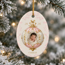 ピンクの女の赤ちゃんの最初のクリスマスフォトオーナメント