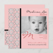 ピンクの女の赤ちゃんの発表のバロック 案内状 (正面/裏面)