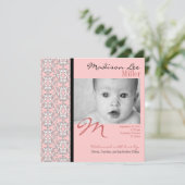 ピンクの女の赤ちゃんの発表のバロック 案内状 (スタンド正面)