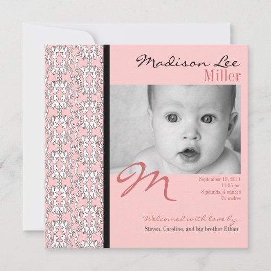 ピンクの女の赤ちゃんの発表のバロック 案内状 (正面)