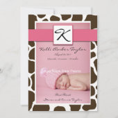 ピンクの女の赤ちゃんの誕生の発表のキリンパターン 案内状 (正面)