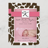 ピンクの女の赤ちゃんの誕生の発表のキリンパターン 案内状 (正面/裏面)