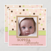 ピンクの女の赤ちゃんの誕生2の写真 + ブラウンの点 案内状 (正面/裏面)