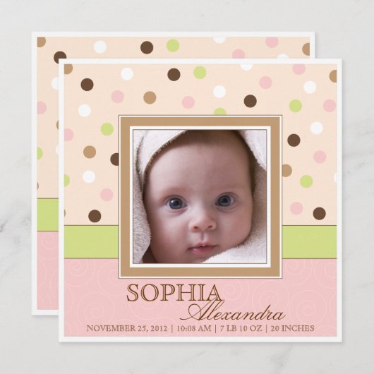 ピンクの女の赤ちゃんの誕生2の写真 + ブラウンの点 案内状 (正面/裏面)
