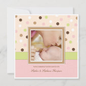 ピンクの女の赤ちゃんの誕生2の写真 + ブラウンの点 案内状 (裏面)