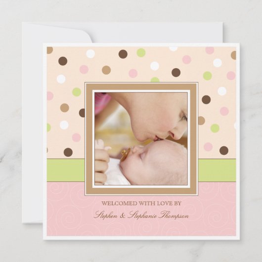 ピンクの女の赤ちゃんの誕生2の写真 + ブラウンの点 案内状 (裏面)