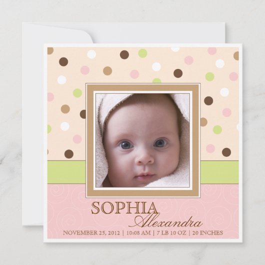 ピンクの女の赤ちゃんの誕生2の写真 + ブラウンの点 案内状 (正面)