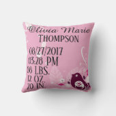 ピンクの女の赤ちゃんの鳥は花の花柄の誕生を去ります クッション (裏面)