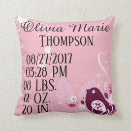 ピンクの女の赤ちゃんの鳥は花の花柄の誕生を去ります クッション