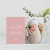 ピンクの女エレガントの子クロス書道写真バプテスマ サンキューカード (スタンド正面)