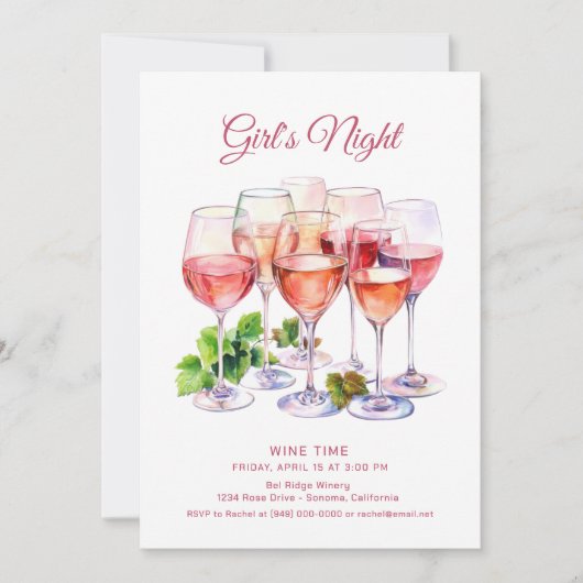 ピンクの女子会 ワインボトル 招待状 (正面)