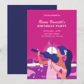 ピンクの女性がバイオリンを弾いて誕生日を祝う 招待状 (正面/裏面)