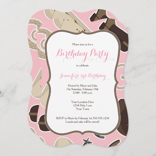 ピンクの女性のカーボーイのテーマの誕生日のパーティの招待状 招待状 (正面/裏面)